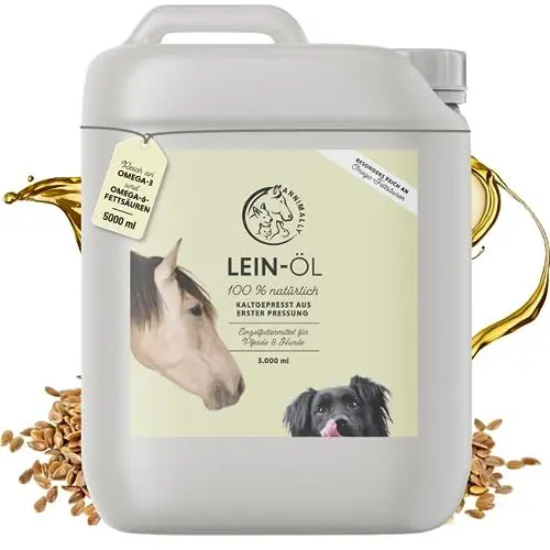 Produktbild: Annimally Premium Leinöl Pferde 5l Kanister für Pferde & Hunde - Leinsamenöl kaltgepresst reich an Omega 3 Fettsäuren als Futterzusatz