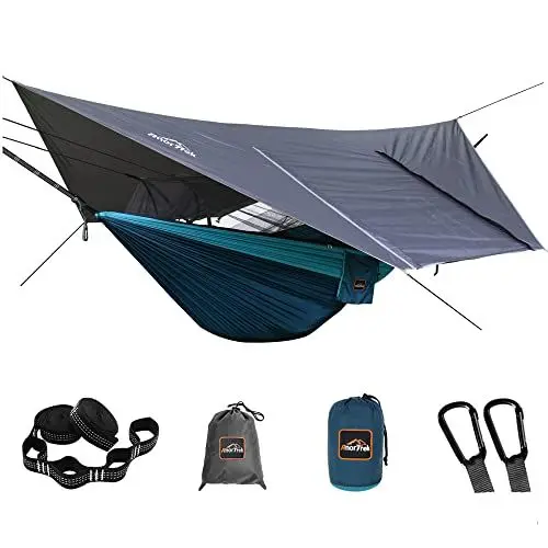 Produktbild: AnorTrek Camping-Hängematte mit Moskitonetz und Regenfliegenplane, tragbare Doppelhängematte mit Zwei Baumgurten, 210T Nylon-Hängematte und wasserdichtem Regenfliegen-Set für Wandern, (blau)