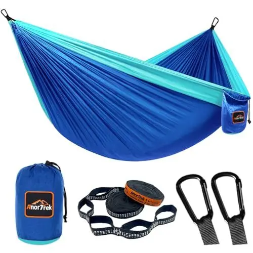 Produktbild: AnorTrek Camping Hängematte, superleichte tragbare Fallschirm Hängematte mit Zwei Baumgurten Einzel oder Doppel Nylon Reisebaum Hängematten… Blue&Dark Blue