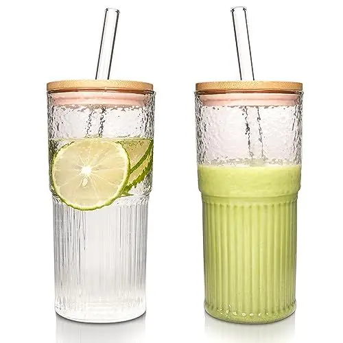 Produktbild: ANOTION Glasbecher – Eiskaffeetassen, Trinkgläser, Eiskaffeetasse, wiederverwendbar, Smoothie-Tasse, Wassergläser, gerippte Glaswaren, Arbeit von zu Hause, Essentials, Reise-Kaffeetasse, Trinkset