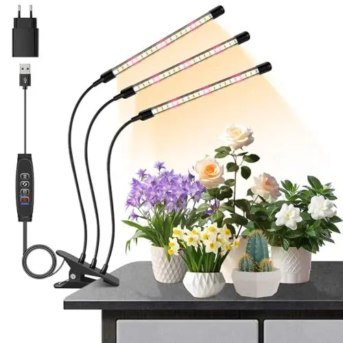Produktbild: ANPSSSEN 3-Kopf Pflanzenlampe LED,Pflanzenlicht, Pflanzenleuchte 3000K 5000K 660nm Wachsen licht Vollspektrum für Zimmerpflanzen mit Zeitschaltuhr,10 Arten von Helligkeit&3 Lichter Modi für Gemüse