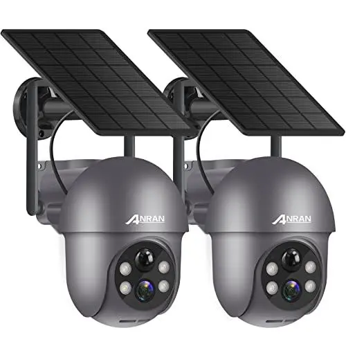 Produktbild: ANRAN 2K Überwachungskamera Aussen Akku WLAN, 360 Grad Schwenkbare Kabellose Überwachungskamera mit Solarpanel, PIR Bewegungsmelder mit Flutlicht, 2-Wege-Audio, Nachtsicht, Q01 Grau, 2 Stück