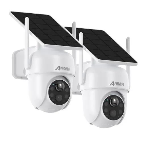 Produktbild: ANRAN 2PCS 5MP FHD Überwachungskamera Aussen Akku WLAN, 3K Kabllose Überwachungskamera mit Solarpanel und Scheinwerfer, Farbige Nachtsicht, PTZ-Schwenkung, Alexa-kompatibel, Gebührenfreie Nutzung