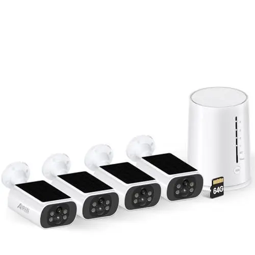 Produktbild: ANRAN 4MP FHD Solar Überwachungskamera Aussen Akku mit Basisstation, Kabellose Überwachungskamera 4+1, Farbige Nachtsicht, Zentrale Verwaltung & Speicherung, 64GB Vorinstalliert, Ohne ABO-Gebühren