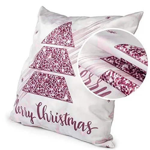 Produktbild: ANRO Kissenbezug Weihnachten Kissenhülle Dekokissen Kissen Weihnachtsmann Weihnachtsbaum Weihnachtskissen Weihnachtsbaum Rosa 45x45cm ohne Füllung Samt