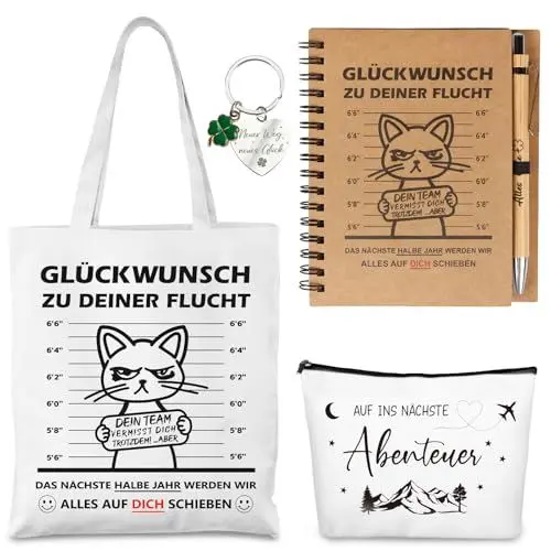 Produktbild: Anruzon Abschiedsgeschenk Kollegen, 5 Stück Abschied Geschenk, Baumwolltasche, Kosmetiktasche, Notizbuch, Kugelschreiber, Schlüsselanhänger, Witzige Dankeschön Geschenke Ruhestand Geschenk