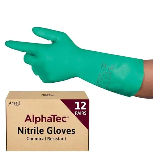 Produktbild: Ansell AlphaTec 37-675, Chemikalienschutzhandschuhe, Wasserdichte Sicherheitshandschuhe, Lebensmittel- und Reinigungshandschuhe, Latexfreie Schutzhandschuhe, Grüne Nitrilhandschuhe, 12 Paar, Gr. L