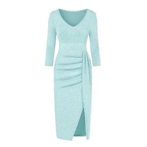 Produktbild: Ansenesna Abendkleider Damen mit Schlitz Glitzer Elegant Kleid Frauen Party Festlich Hochzeit Cocktailkleid V Ausschnitt Langarm Abschlussball Kleider (Himmelblau,XXL)