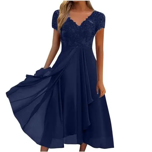 Produktbild: Ansenesna Abendkleider Elegant Für Hochzeit Abendkleid Damen Asymmetrisch Spitze Chiffon Kleider V Ausschnitt Festliche Kleider Frauen Wadenlang Midi Brautjungfernkleid Kurzarm Partykleid