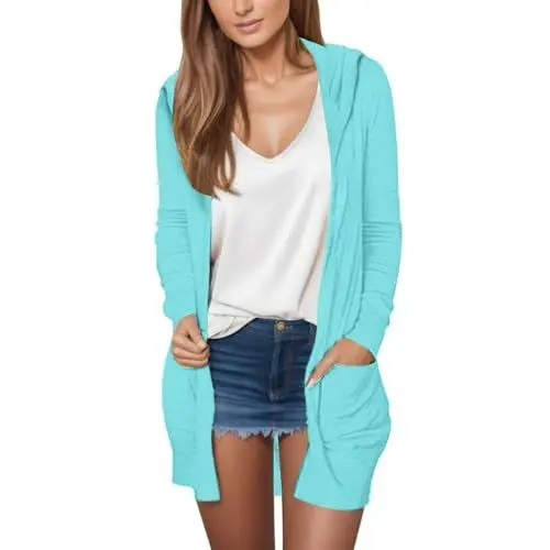 Produktbild: Ansenesna Cardigan Damen Lang Dünn Cardigan Mit Kapuze Mantel Frauen Elegant Langarm Damenmantel Einfarbig Cardigan