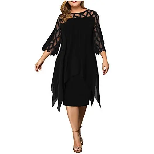Produktbild: Ansenesna Damen Kleid Große Größen Knielang Asymmetrisch Elegant Abendkleider Für Mollige Frauen Kurzarm Festlich Hochzeit Kleider (Schwarz,XXXL)