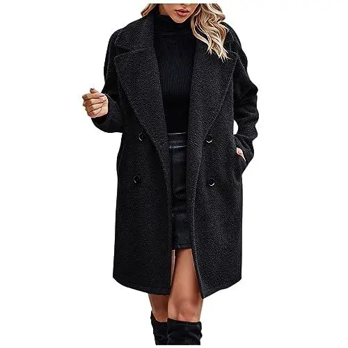 Produktbild: Ansenesna Fleecejacke Damen Lang Mit Kapuze Winterjacke Damen Warm Flauschig Lange Wintermantel Elegant Fleece Dicke Mantel Jacke Frauen Winter Plüsch Damenmantel Mit Knöpfen Damen-Jacken