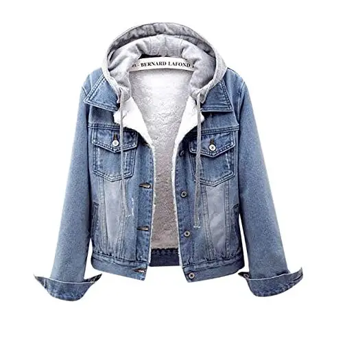 Produktbild: Ansenesna Jeansjacke Damen Gefüttert Mit Kapuze Winterjacke Damen Warm Innenfell Wintermantel Frauen Jeans Dicke Damen-Jacken Denim Mit Knöpfen Jacke Mantel Winter Innenfutter Damenmantel