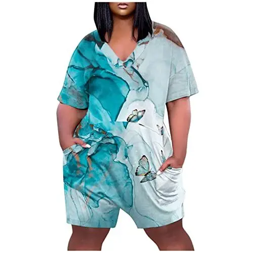 Produktbild: Ansenesna Jumpsuit Damen Große Größen Jumpsuits Für Mollige Damen Elegant Kuschelig Baggy Overall Einteiler Damen Sommer Kurz Onesie Frauen Weit V Ausschnitt Muster Playsuit Mit Taschen
