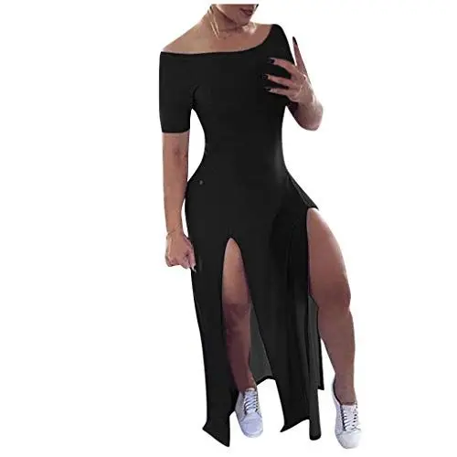 Produktbild: Ansenesna Kleid mit Schlitz Damen Sommer Lang Schulterfrei Elegant Kleider Frauen Off Shoulder Einfarbig Sommerkleider (Schwarz,XL)