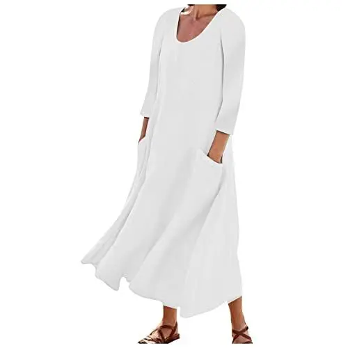 Produktbild: Ansenesna Leinenkleider, Maxikleider Damen Sommer Leinen Lange Sommerkleid Damen Elegant Lang Luftige Sommerkleider mit Taschen Frauen Baggy Kleider 3/4 Ärmeln Elegante Damenkleider Leichte Kleid
