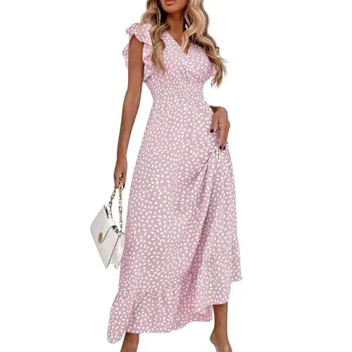 Produktbild: Ansenesna Maxikleid Damen Sommer V Ausschnitt Kleid Damen Elegant Sommer Sommerkleid Lang Elegante Kleider Rüschen Ärmel Sommerkleider Damen Leicht Und Luftig Strandkleid Maxi Tailliert Kleid