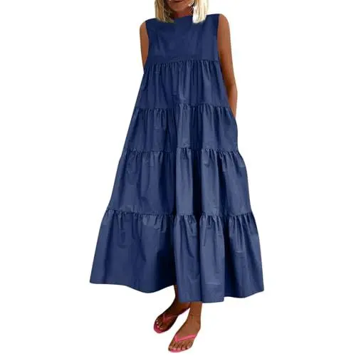 Produktbild: Ansenesna Maxikleid Damen Sommer Volant Sommerkleid Damen Lang Elegant Ärmellos Sommerkleider Damen Leicht und Luftig Empire Kleider Frauen Strandkleid Locker Damenkleider Weite Volantkleider