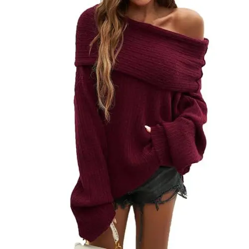 Produktbild: Ansenesna Off Shoulder Pullover Damen Winter Strick Feinstrick Winterpullover Damen Warm Elegant Thermo Pulli Frauen Schulterfrei Dicker Damenpullover Langarm Strickpullover Kuschel Winterpulli