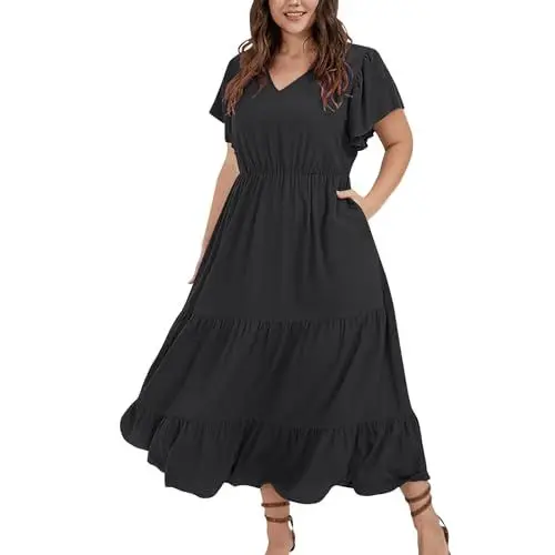 Produktbild: Ansenesna Sommerkleid Damen Große Größen Lang Maxikleid Damen Elegant Sommer Volant Elegante Kleider Für Mollige Frauen V Ausschnitt Volantkleider Rüschen Sommerkleider Damen Leicht Und Luftig