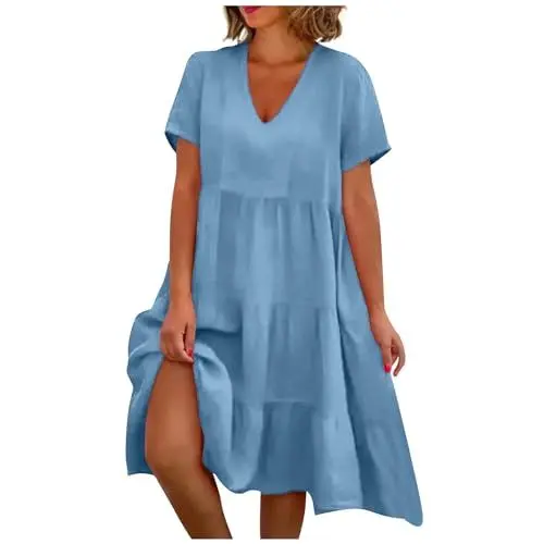 Produktbild: Ansenesna Sommerkleid Damen Knielang Volant Tunika Kleider Damen Sommer Elegant Damenkleider V Ausschnitt Sommerkleider Damen Leicht und Luftig Kleid Frauen Rüschen Volantkleider Blusenkleid