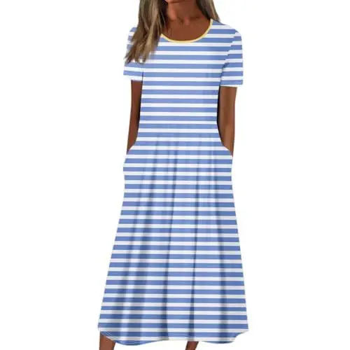 Produktbild: Ansenesna Sommerkleid Damen Leicht Damen Kleider Sommer Elegant Wadenlang Luftige Sommerkleider mit Taschen Leichte Midikleid Frauen Luftig Kurzarm Weite Strandkleid Plissee Elegante Damenkleider