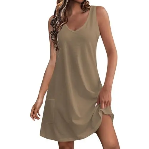 Produktbild: Ansenesna Sommerkleid Damen Leicht Elegant Damen Kleider Sommer Kurz V Ausschnitt Tunika Kleid A Linie Ärmellos Luftige Sommerkleider mit Taschen Frauen Locker Strandkleid Leichte Damenkleider
