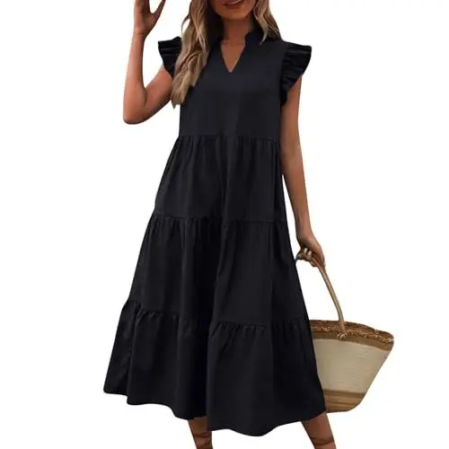 Produktbild: Ansenesna Sommerkleid Damen Midi Elegant Volant Kleider Damen Sommer Rüschen Ärmel Sommerkleider Damen Leicht und Luftig Damenkleider Frauen V Ausschnitt Volantkleider Schwingen Strandkleid