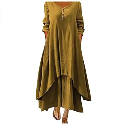 Produktbild: Ansenesna Sommerkleid Doppellagig Damen Lang Leinenkleider Damen Sommer Leinen Leichte Luftige Sommerkleider Frauen Langarm Maxikleider mit Knöpfen Elegant Kleider Locker Einfarbig Weite Kleid