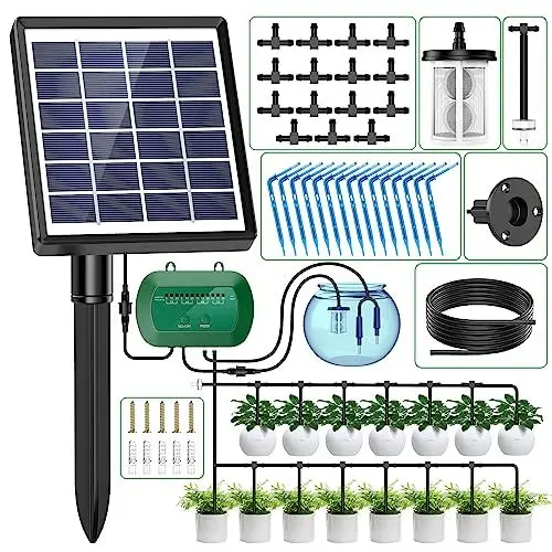 Produktbild: AnseTo Solar Bewässerungssystem für 2024 Neuestes Automatische Bewässerungscomputer für Garten, Balkon, Greenhouse Pflanzen, Kübelpflanzen im Freien mit 12 Timer-Modi und 15 Bewässerung Tropfschlauch
