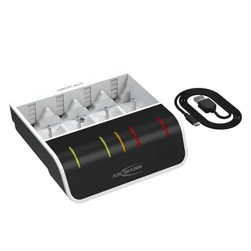 Produktbild: ANSMANN Akku Ladegerät NiMH für 4X AAA AA C D und 1x 9V, intelligentes Laden, USB-Eingang, Schnelladen, Entladefunkton, LED-Anzeige