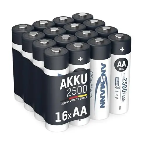 Produktbild: ANSMANN Akku Mignon AA 2400 mAh 1,2V NI-MH, 16 Stück, LR06, wiederaufladbar, geringe Selbstentladung, ideal für Taschenlampe, Controller, Blitzgeräte