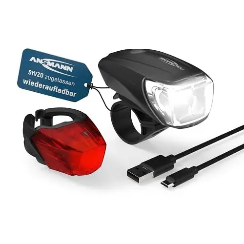Produktbild: ANSMANN Fahrradlicht Set StVZO zugelassen mit CREE LED / 140 m Leuchtweite 35 Lux 170 Lumen IPX4 Akkubetrieben aufladbar über USB / Radlicht Set bestehend aus Vorderlicht & Rücklicht, rear