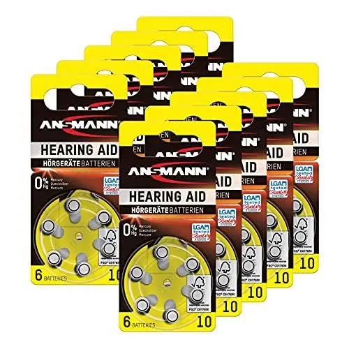 Produktbild: ANSMANN Hörgerätebatterien 10 gelb 60 Stück - Zink Luft Hörgeräte Batterien Typ 10 P10 ZL4 PR70 mit 1,4V - Knopfzelle mit besonders langer Laufzeit für Hörgerät Hörverstärker & Hörhilfe