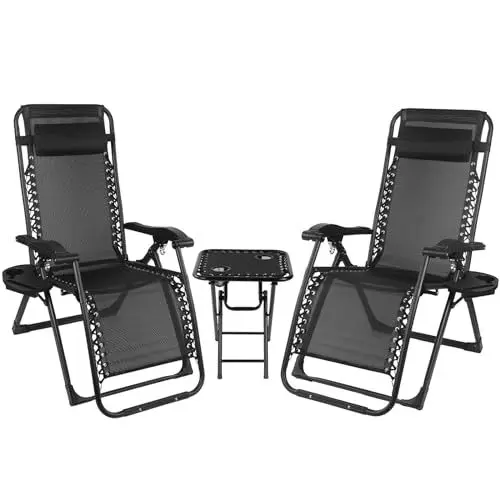 Produktbild: Anstore 3-teiliges Liegestuhl Set (2 Liegestühle Klappbar + Tisch Klappbar), Belastbar 300kg, Gartenliege aus Metalllegierung & Teslin-Netzstoff für Garten Balkon Terrasse Schwimmbad Strand, Schwarz