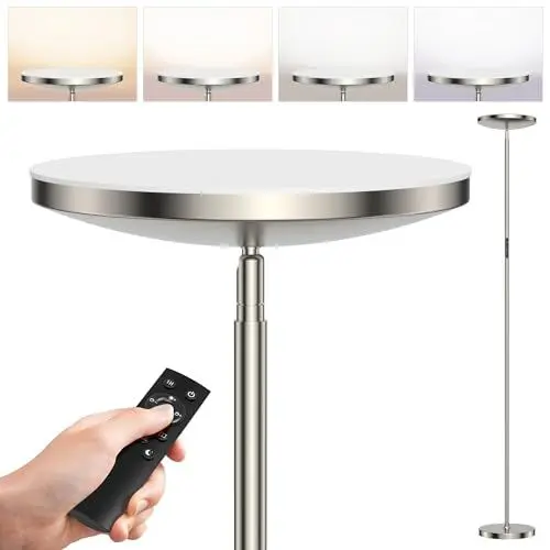 Produktbild: Anten Stehlampe LED 30W Nickel | 3330LM Deckenfluter LED mit Fernbedienung & Touch Steuerung | Stehlampe Dimmbar mit 4 Farbtemperatur, Stehleuchte LED für Wohnzimmer Schlafzimmer, Büro