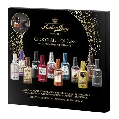 Produktbild: Anthon Berg Spirituosen-Schokoladenfläschchen – 187 g – 12 Pralinen mit feinen Likören & Spirituosen – Zartbitterschokolade mit flüssigem Alkohol – Geschenkidee für Erwachsene