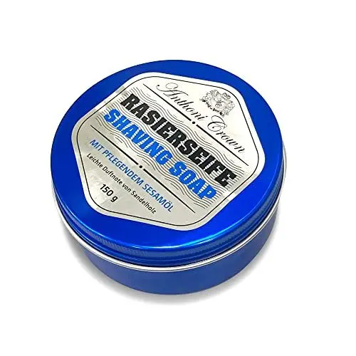 Produktbild: Anthoni Crown feste Rasierseife, Herren, Damen, 150 g, alle Hauttypen, Made in Germany, ergiebiger Rasierschaum, hochwertige Verpackung, nachhaltiges Palmöl, RSPO-Mitglied