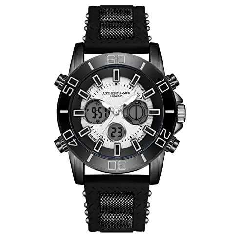 Produktbild: Anthony James Speedster Militär-Uhren für Herren, handmontiert, wasser- und kratzfest, analoge Armbanduhr mit Datum, Stoppuhr, Alarmfunktion, taktische Survival-Uhren für Herren, Schwarz , Riemen