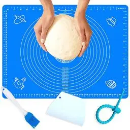 Produktbild: Antihaftbeschichtete und rutschfeste Silikon-Backmatte, 50 x 40 cm, Fondantmatte, Teigrollmatte, Backpinsel, Teigschaber, Schneider und wiederverwendbare Wickelkrawatte (blau)