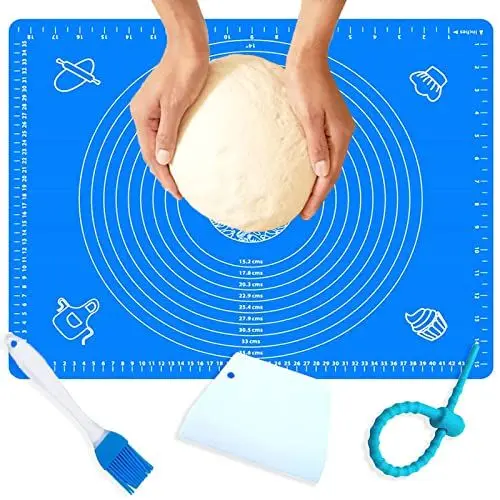 Produktbild: Antihaftbeschichtete und rutschfeste Silikon-Backmatte, 50 x 40 cm, Fondantmatte, Teigrollmatte, Backpinsel, Teigschaber, Schneider und wiederverwendbare Wickelkrawatte (blau)