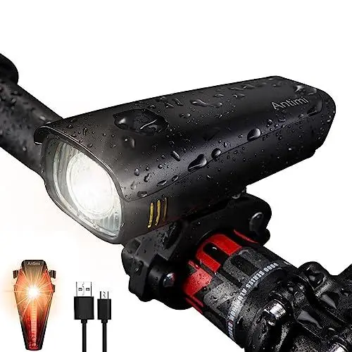 Produktbild: Antimi LED Fahrradlicht Set (Neueste Modell),USB Wiederaufladbar Fahrradlichter Fahrradlampe Set, IPX4 Wasserdicht Frontlicht & Rücklicht Lampenset mit 2600mAh Li-ion Akku