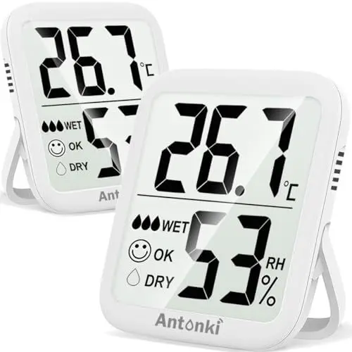 Produktbild: Antonki 2 Stück Thermometer Hygrometer Innen Raumthermometer, Digital Temperatur und luftfeuchtigkeitsmesser innen für Gewächshaus, Wohnzimmer, Babyzimmer, Weinkeller- Inklusive Batterie