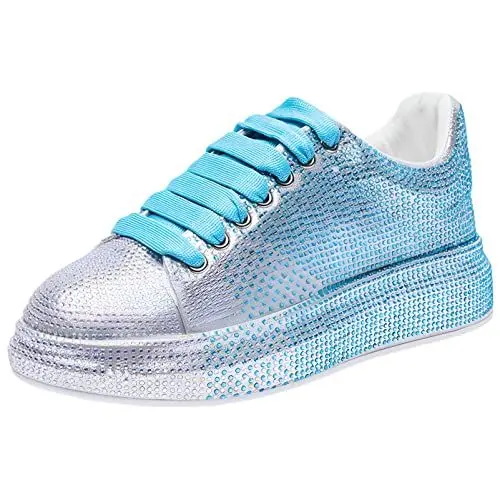 Produktbild: ANUFER Damen Mode Dicke Sohle Turnschuhe Funkeln Verlaufsfarben Strasssteine Schnüren Zwanglos Sportschuhe Blau SN070629 EU38