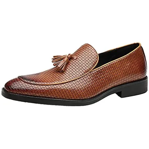 Produktbild: ANUFER Herren Kunstleder Abendschuhe Spitzer Zeh Low-Top Schlüpfen Loafer mit Quaste Braun SN070433 EU44