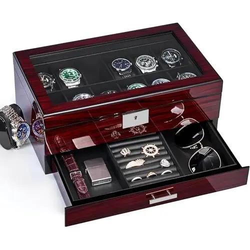 Produktbild: ANWBROAD 12 Slots Uhrenbox Herren Holz Watch Box 2-Tier Uhrenaufbewahrung mit Großem Glasdeckel Uhr Display Case Abschließbare Uhrenhalter Organizer für Geschenkable Fancy Uhrenhalter JWB001Y