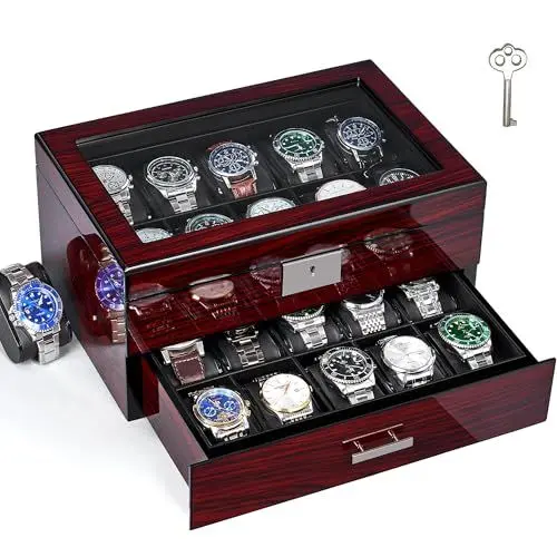 Produktbild: ANWBROAD Uhrenbox 20 Slots Watch Box Uhrenaufbewahrung für Männer mit großem Glasdeckel 2-Tier Uhr Vitrine Abschließbare Uhr Organizer Luxuriöse Uhrenhalter JWB002Y