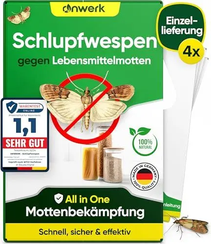 Produktbild: anwerk® Schlupfwespen gegen Lebensmittelmotten - 4 Karten à 1 Lieferung - Effektiv Lebensmittel Motten bekämpfen - Alternative zur Mottenfalle, Mottenspray, Pheromonfalle (4X Karten à 1 Lieferung)