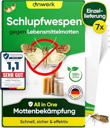 Produktbild: anwerk® Schlupfwespen gegen Lebensmittelmotten - 7 Karten à 1 Lieferung - Effektiv Lebensmittel Motten bekämpfen - Alternative zur Mottenfalle, Mottenspray, Pheromonfalle (7X Karten à 1 Lieferung)