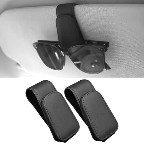 Produktbild: Anwlki Brillenhalt Brillenhalter für Auto Sonnenblende 2 Packungen Magnetisch Leder Sonnenbrillenhalter Auto Brillenhalterung Ticket-Karten-Clip (Schwarz)